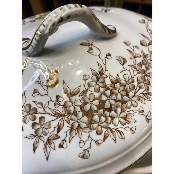 Antique White Porcelain Ironstone Meakin WM Co Tureen With Lid Floral Gold & Gre - Picture 5 of 9